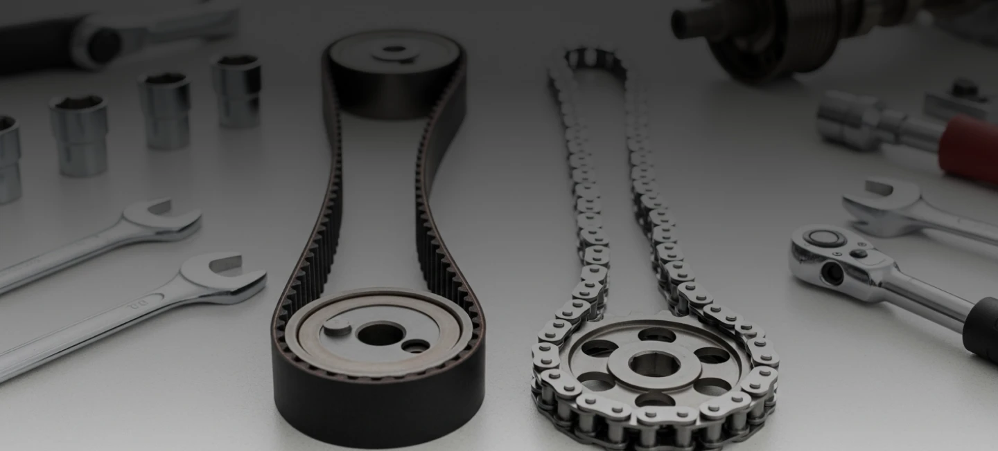 Timing belt and timing chain laid out with automotive tools