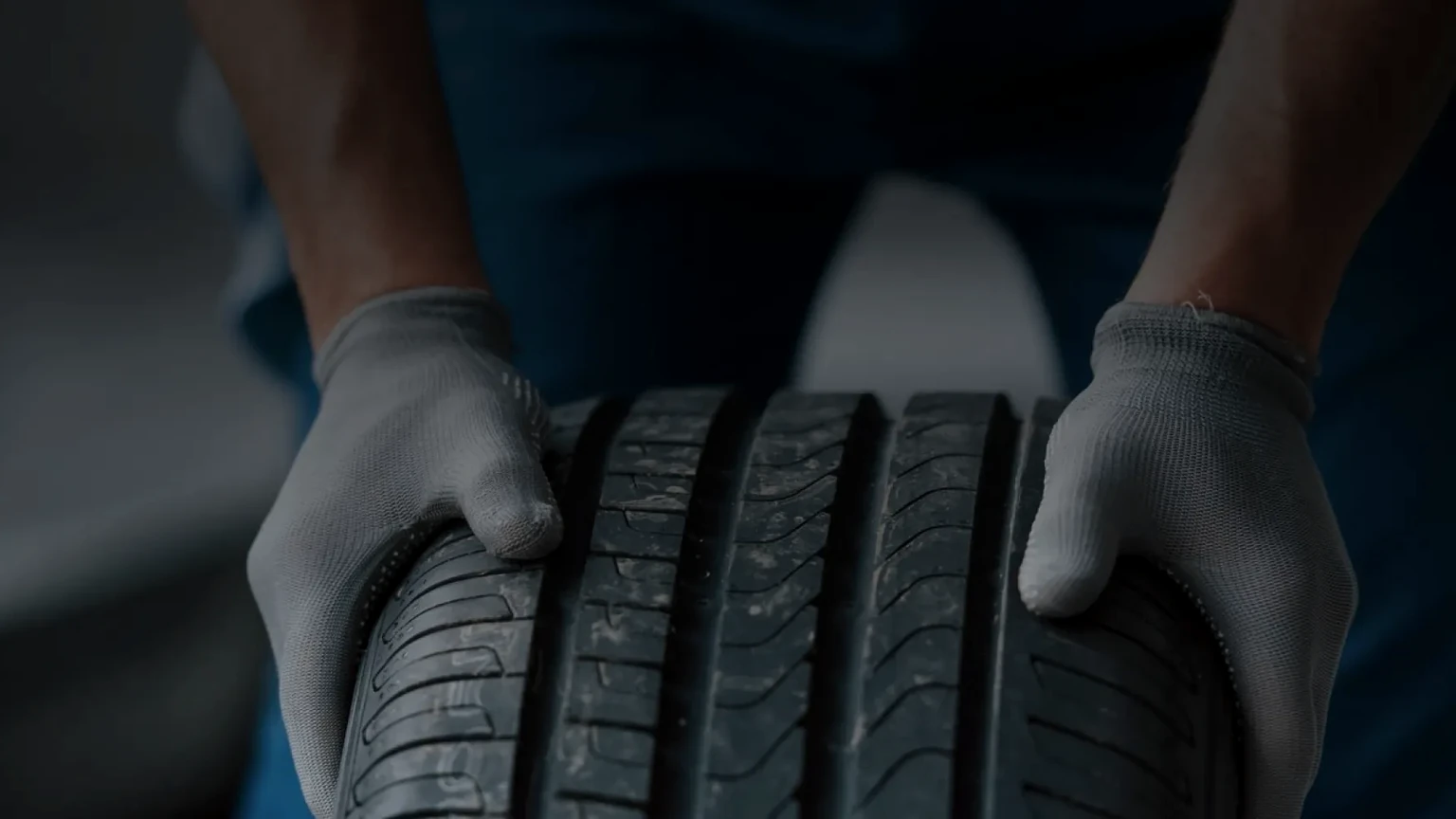 Technician inspecting tire tread condition
