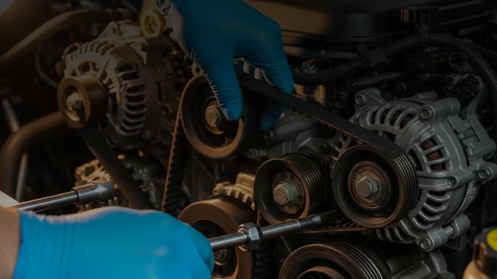 Technician inspecting a serpentine belt and pulleys in an engine bay